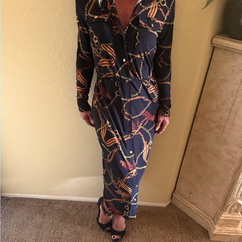 Lauren Ralph Lauren midi dress. XS with belt. Black and brown with gold